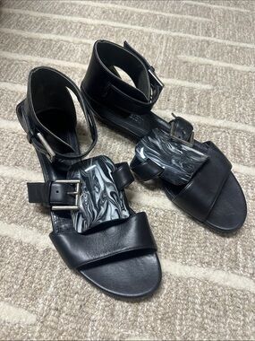 Alexander Mqueen Black Women's Ankle-Strap Sandals with Marbled Accent